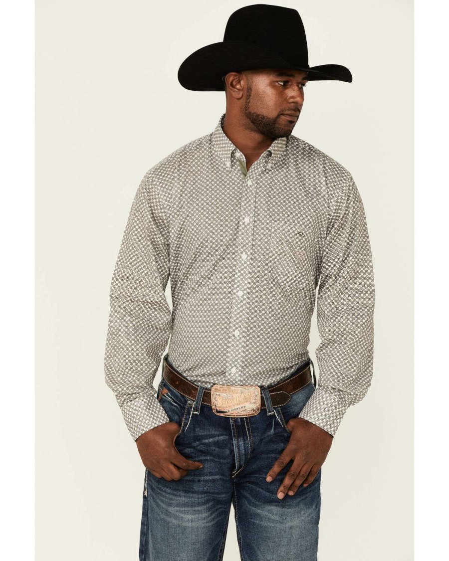 Western Shirt * | Sale Resistol Men'S Olive Hinsdale Small Geo Print Long Sleeve Button-Down Western Shirt