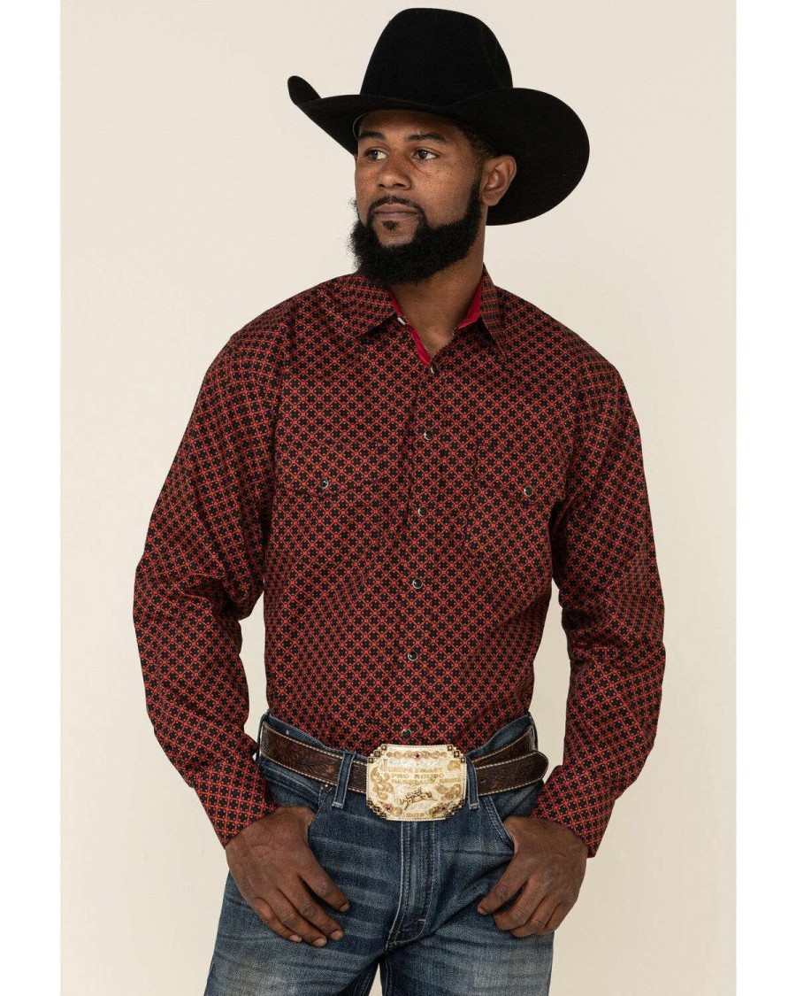 Western Shirt * | Outlet Resistol Men'S Red Camden Geo Print Long Sleeve Western Shirt