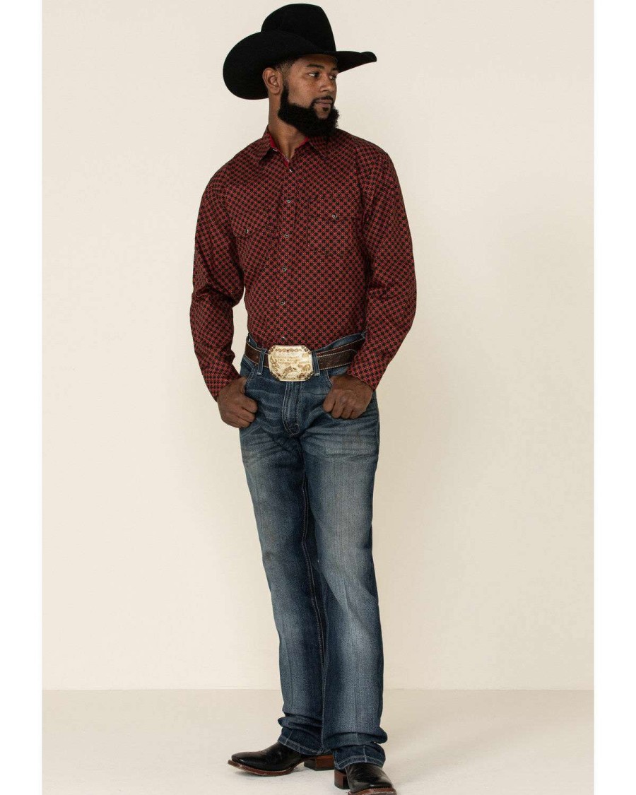 Western Shirt * | Outlet Resistol Men'S Red Camden Geo Print Long Sleeve Western Shirt