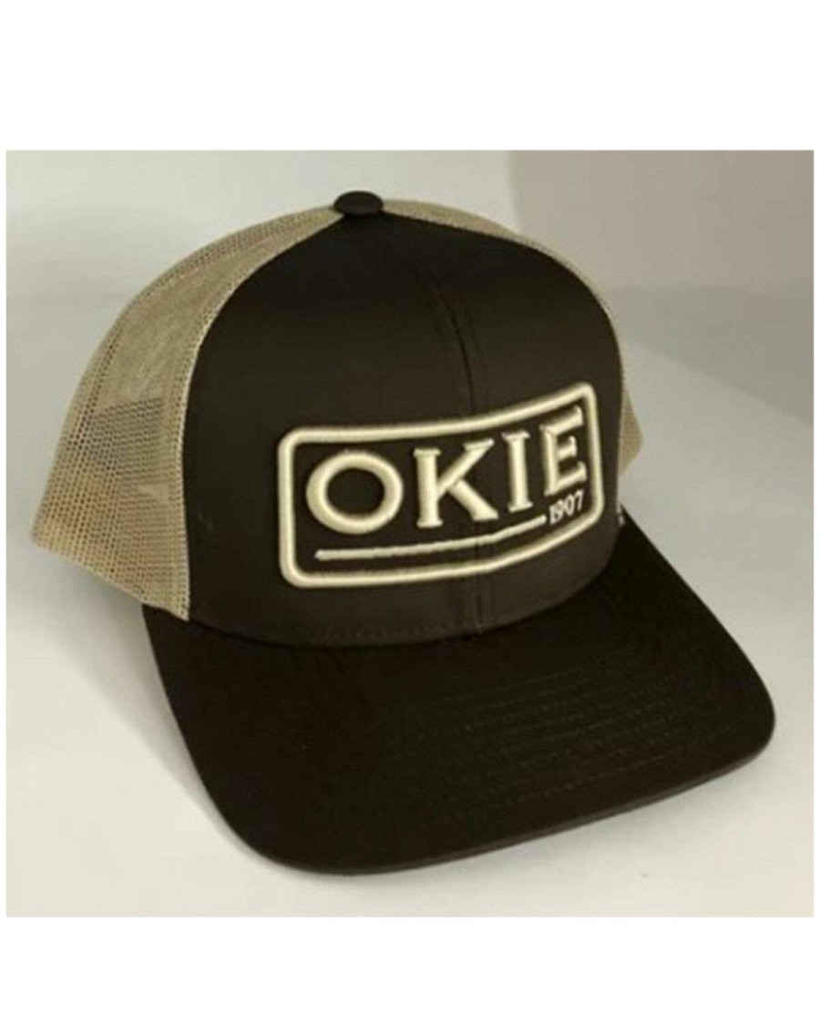 Caps * | Outlet Okie Men'S Dark Brown & Tan Nader Puff Logo Embroidered Mesh-Back Trucker Cap