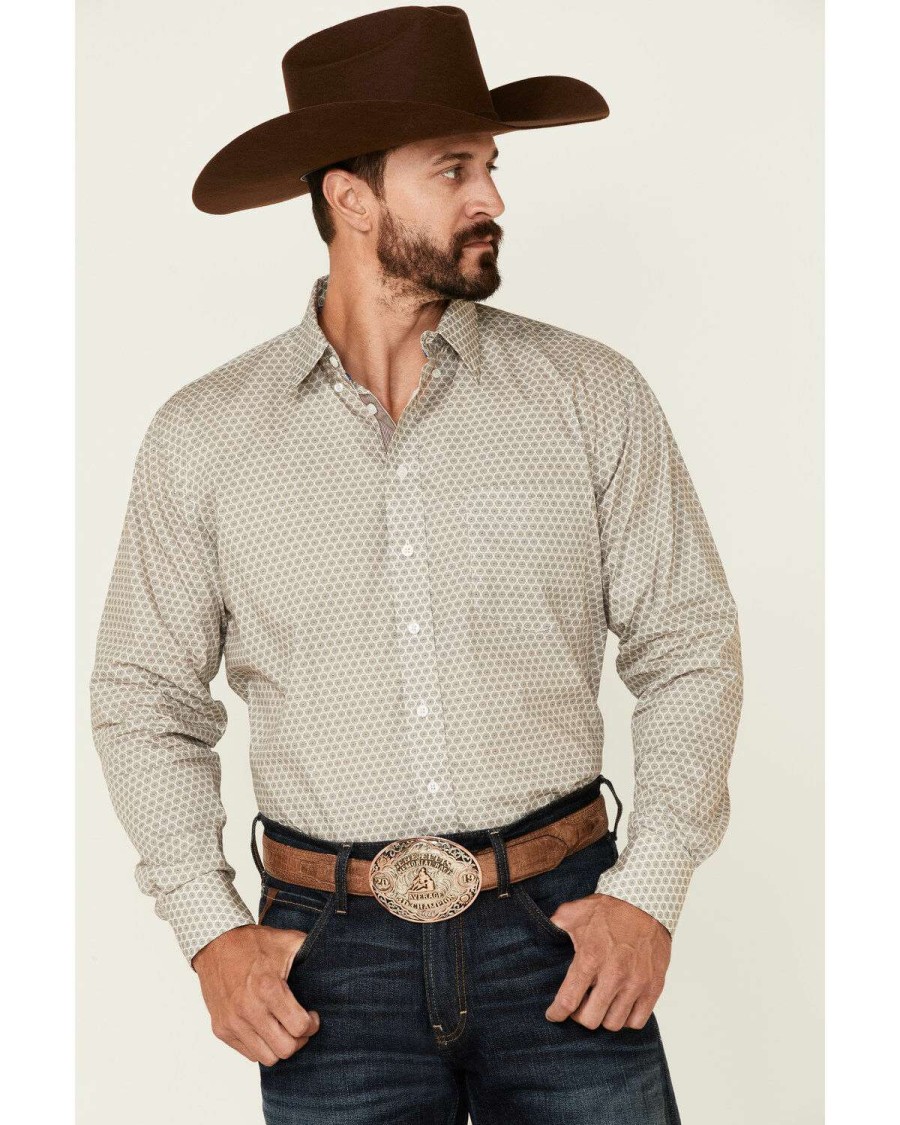 Western Shirt * | Outlet Resistol Men'S Grey Glenview Geo Print Long Sleeve Button-Down Western Shirt