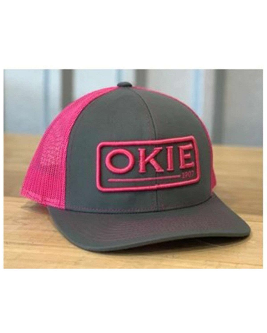 Caps * | Online Okie Women'S Grey & Pink Darlin Logo Puff Embroidered Mesh-Back Trucker Cap