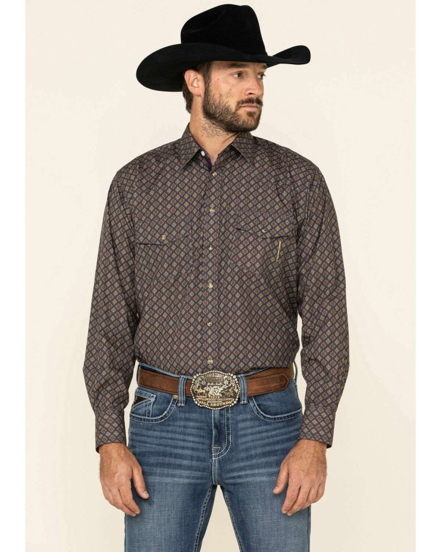 Western Shirt * | Clearance Resistol Men'S Navy Byron Geo Print Long Sleeve Western Shirt