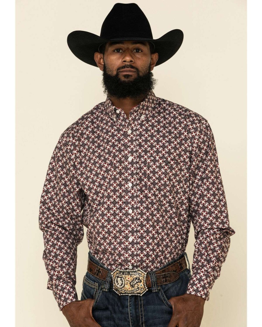 Western Shirt * | Sale Resistol Men'S Red Orchard Geo Print Long Sleeve Western Shirt