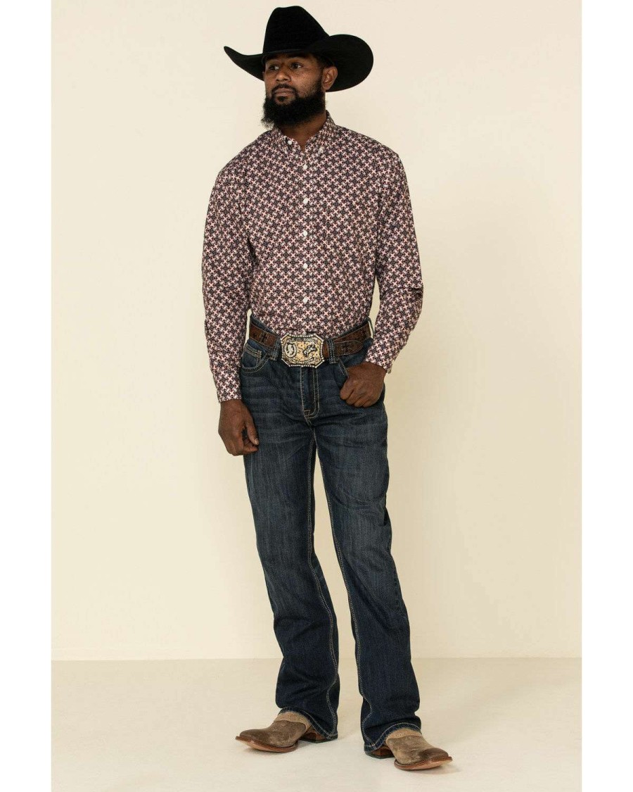 Western Shirt * | Sale Resistol Men'S Red Orchard Geo Print Long Sleeve Western Shirt