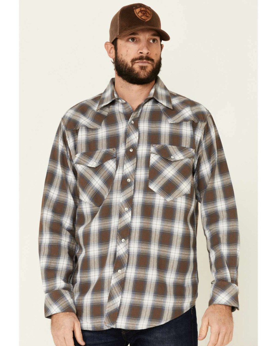 Western Shirt * | Outlet Resistol Men'S Brown Cedar Ombre Plaid Long Sleeve Western Shirt