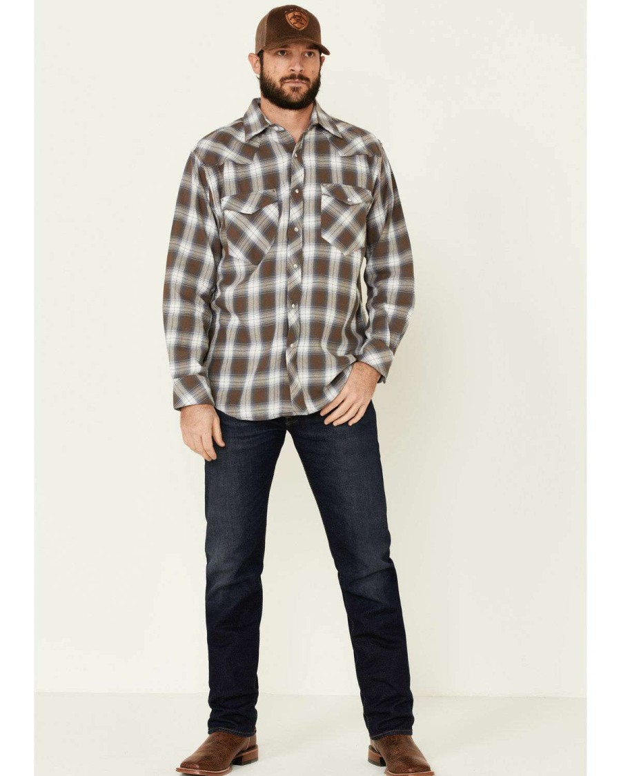 Western Shirt * | Outlet Resistol Men'S Brown Cedar Ombre Plaid Long Sleeve Western Shirt