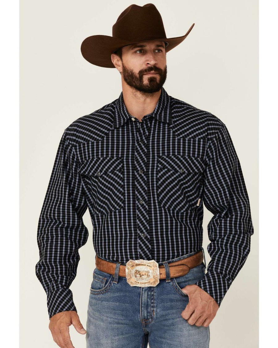 Western Shirt * | Online Double R By Resistol Men'S Navy Addison Small Plaid Long Sleeve Snap Western Shirt