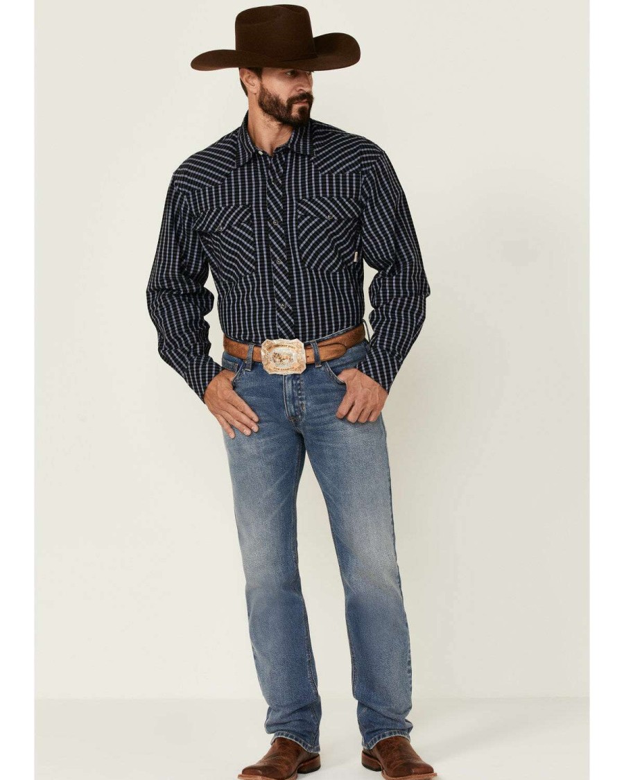 Western Shirt * | Online Double R By Resistol Men'S Navy Addison Small Plaid Long Sleeve Snap Western Shirt